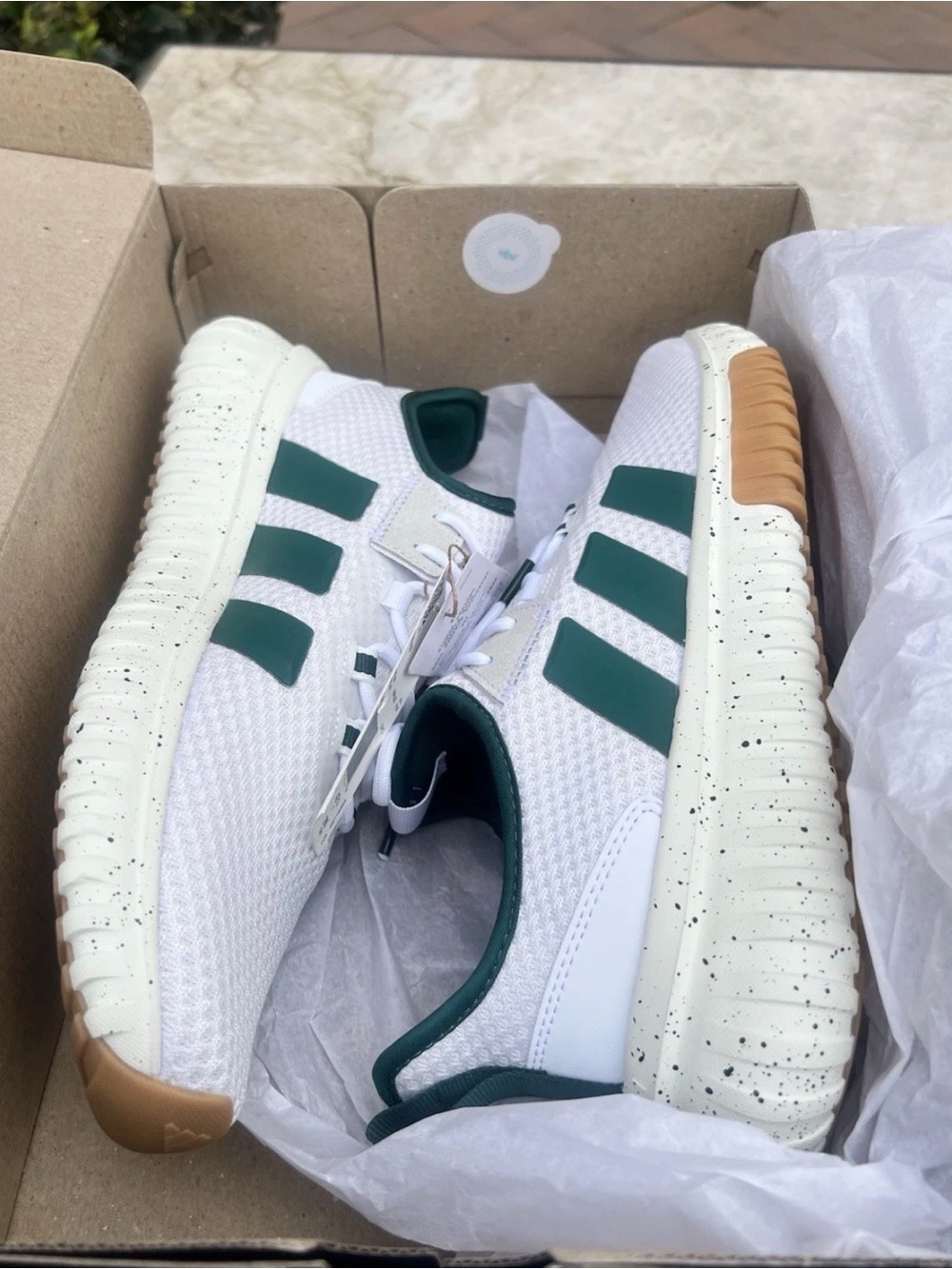 adidas White Sneakers with Dark Green Stripes and Gum Accents